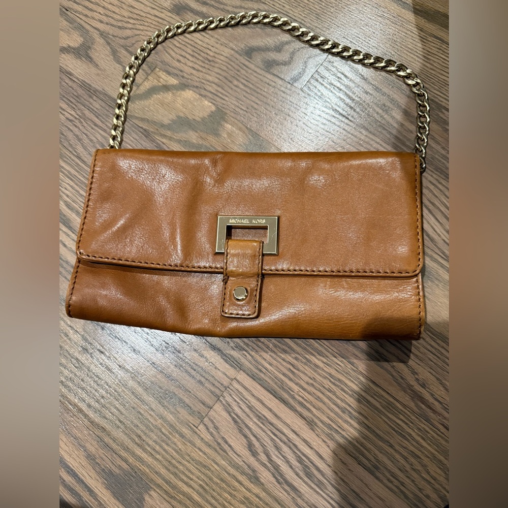 Michael Kors Brown Leather Clutch with Gold Chain